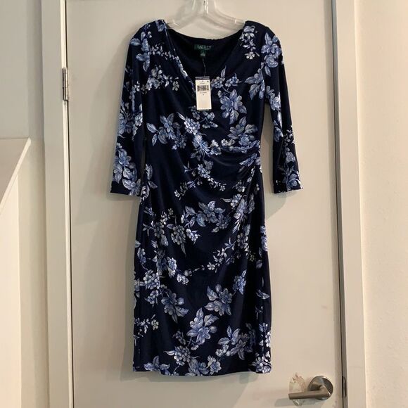 Ralph Lauren Women's, Faux Wrap, V-Neck, 3/4 Sleeve Dress, Blue Floral NWT $185 - Picture 2 of 7